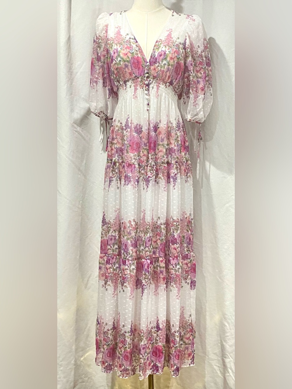 Meloni T. White Chiffon Floral Maxi Dress with Pink Purple & Green Accents S.4